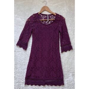 Jesse & J Maroon Lace 3/4 Sleeve Mini Dress, Size Medium
